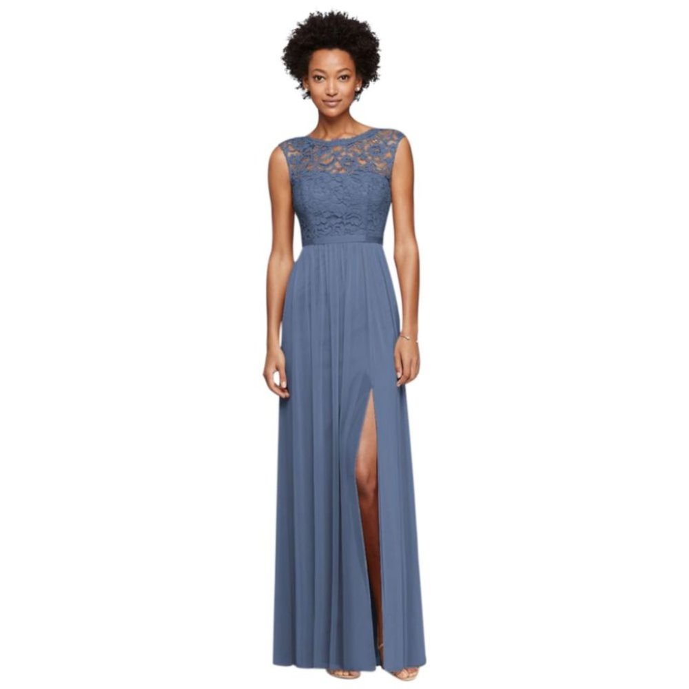 David'sBridal Steel Blue Metallic Bridesmaid Dress Style F19328 sz 0 EUC
